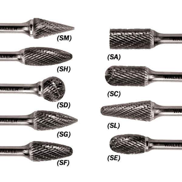 WALTER Surface Technologies - 1/2" Cut Diam, 1/4" Shank Diam, Flame Head Double Cut Burr - Carbide, 1-1/4" LOC - USA Tool & Supply