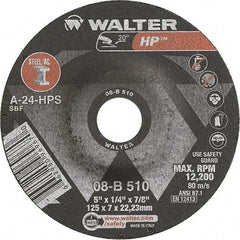 WALTER Surface Technologies - 24 Grit, 5" Wheel Diam, 1/4" Wheel Thickness, 7/8" Arbor Hole, Type 27 Depressed Center Wheel - Aluminum Oxide, Resinoid Bond, 12,200 Max RPM - USA Tool & Supply