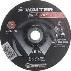 WALTER Surface Technologies - 24 Grit, 7" Wheel Diam, 1/4" Wheel Thickness, 7/8" Arbor Hole, Type 28 Depressed Center Wheel - Aluminum Oxide, Resinoid Bond, 8,600 Max RPM - USA Tool & Supply
