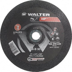 WALTER Surface Technologies - 24 Grit, 9" Wheel Diam, 1/4" Wheel Thickness, 7/8" Arbor Hole, Type 28 Depressed Center Wheel - Aluminum Oxide, Resinoid Bond, 6,600 Max RPM - USA Tool & Supply