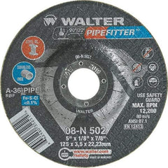 WALTER Surface Technologies - 36 Grit, 5" Wheel Diam, 1/8" Wheel Thickness, 7/8" Arbor Hole, Type 27 Depressed Center Wheel - Aluminum Oxide/Silicon Carbide Blend, Resinoid Bond, 12,200 Max RPM, Compatible with Angle Grinder - USA Tool & Supply