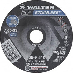 WALTER Surface Technologies - 30 Grit, 5" Wheel Diam, 1/4" Wheel Thickness, 7/8" Arbor Hole, Type 27 Depressed Center Wheel - Aluminum Oxide, Resinoid Bond, 12,200 Max RPM - USA Tool & Supply