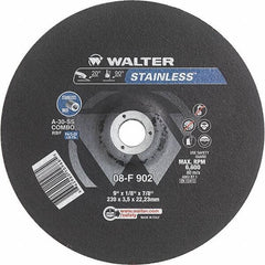 WALTER Surface Technologies - 30 Grit, 9" Wheel Diam, 1/8" Wheel Thickness, 7/8" Arbor Hole, Type 27 Depressed Center Wheel - Aluminum Oxide, Resinoid Bond, 6,600 Max RPM - USA Tool & Supply