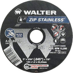 WALTER Surface Technologies - 5" 60 Grit Aluminum Oxide/Silicon Carbide Blend Cutoff Wheel - 3/64" Thick, 7/8" Arbor, 12,200 Max RPM, Use with Angle Grinders - USA Tool & Supply