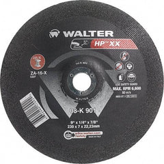 WALTER Surface Technologies - 16 Grit, 9" Wheel Diam, 1/4" Wheel Thickness, 7/8" Arbor Hole, Type 28 Depressed Center Wheel - Aluminum Oxide, Resinoid Bond, 6,600 Max RPM - USA Tool & Supply