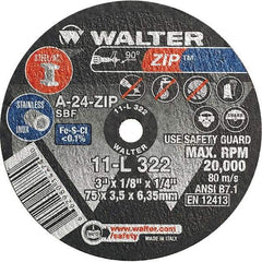 WALTER Surface Technologies - 3" 24 Grit Aluminum Oxide Cutoff Wheel - 1/8" Thick, 1/4" Arbor, 25,470 Max RPM, Use with Die Grinders - USA Tool & Supply