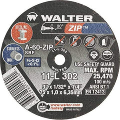 WALTER Surface Technologies - 3" 60 Grit Aluminum Oxide Cutoff Wheel - 1/32" Thick, 1/4" Arbor, 25,470 Max RPM, Use with Die Grinders - USA Tool & Supply