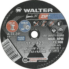 WALTER Surface Technologies - 4" 24 Grit Aluminum Oxide Cutoff Wheel - 1/8" Thick, 3/8" Arbor, 19,100 Max RPM, Use with Die Grinders - USA Tool & Supply