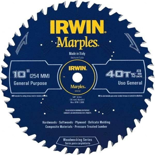 Irwin Blades - 10" Diam, 5/8" Arbor Hole Diam, 40 Tooth Wet & Dry Cut Saw Blade - Carbide-Tipped, Finishing Action, Standard Round Arbor - USA Tool & Supply