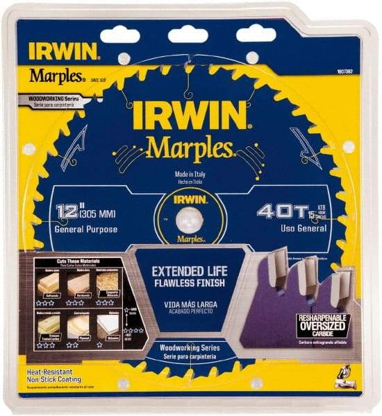 Irwin Blades - 12" Diam, 1" Arbor Hole Diam, 40 Tooth Wet & Dry Cut Saw Blade - Carbide-Tipped, Finishing Action, Standard Round Arbor - USA Tool & Supply