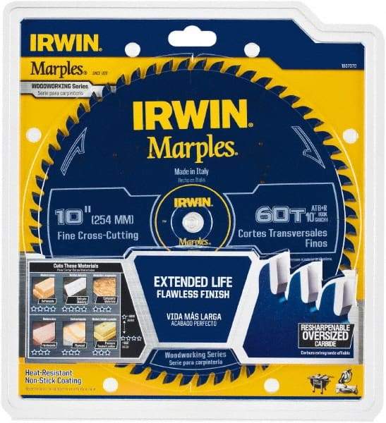 Irwin Blades - 10" Diam, 5/8" Arbor Hole Diam, 60 Tooth Wet & Dry Cut Saw Blade - Carbide-Tipped, Finishing Action, Standard Round Arbor - USA Tool & Supply