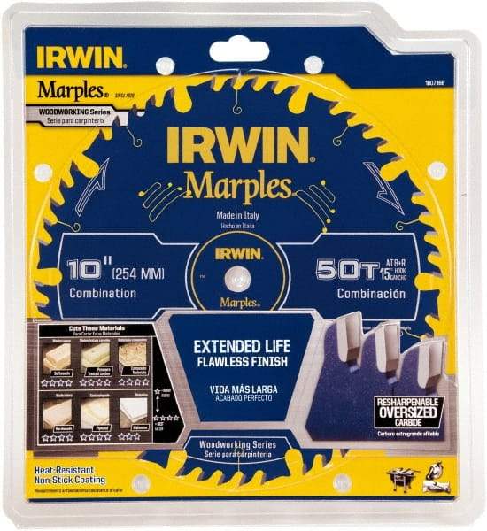 Irwin Blades - 10" Diam, 5/8" Arbor Hole Diam, 50 Tooth Wet & Dry Cut Saw Blade - Carbide-Tipped, Finishing Action, Standard Round Arbor - USA Tool & Supply