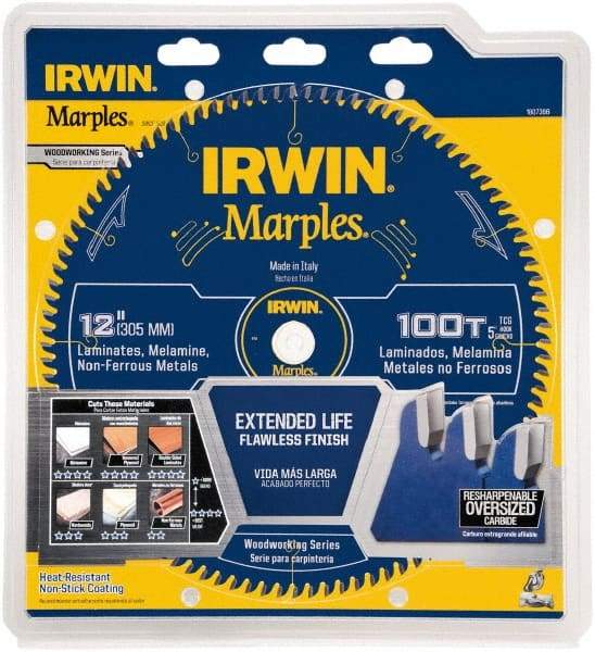 Irwin - 12" Diam, 1" Arbor Hole Diam, 100 Tooth Wet & Dry Cut Saw Blade - Carbide-Tipped, Finishing Action, Standard Round Arbor - USA Tool & Supply