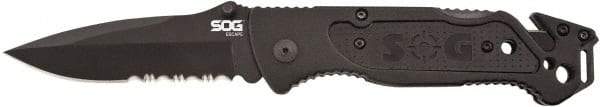 SOG Specialty Knives - 3-13/32" Blade, 8.2" OAL, Partially Serrated Clip Point Folding Knife - 4.8" Closed Length, Plastic, 1 Blade, 1 Edge - USA Tool & Supply