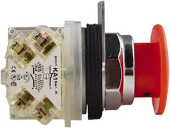 Schneider Electric - 30mm Mount Hole, Extended Mushroom Head, Pushbutton Switch with Contact Block - Round, Red Pushbutton, Maintained (MA) - USA Tool & Supply