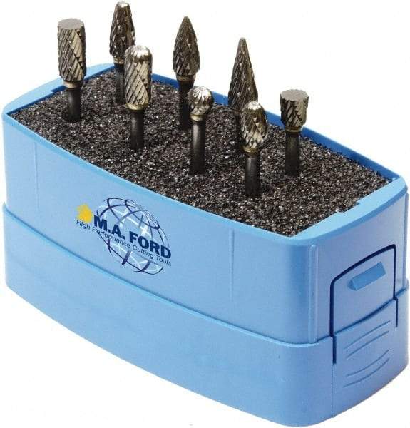 M.A. Ford - 8 Piece, 3mm Shank Burr Set - Solid Carbide, Multiple Head Shapes, 3° Included Angle - USA Tool & Supply