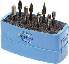 M.A. Ford - 8 Piece, 3mm Shank Burr Set - Solid Carbide, Multiple Head Shapes, 3° Included Angle - USA Tool & Supply