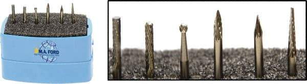 M.A. Ford - 6 Piece, 3mm Shank Burr Set - Solid Carbide, Multiple Head Shapes, 3° Included Angle - USA Tool & Supply