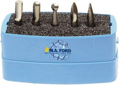 M.A. Ford - 5 Piece, 6mm Shank Burr Set - Solid Carbide, Multiple Head Shapes, 6° Included Angle - USA Tool & Supply