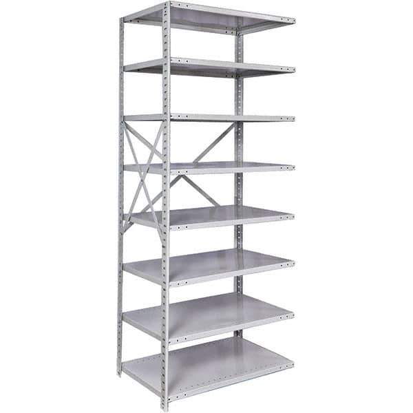 Hallowell - 8 Shelf Add-On Medium-Duty Open Steel Shelving - 500 Lb Capacity, 36" Wide x 87" High x 12" Deep, Platinum - USA Tool & Supply