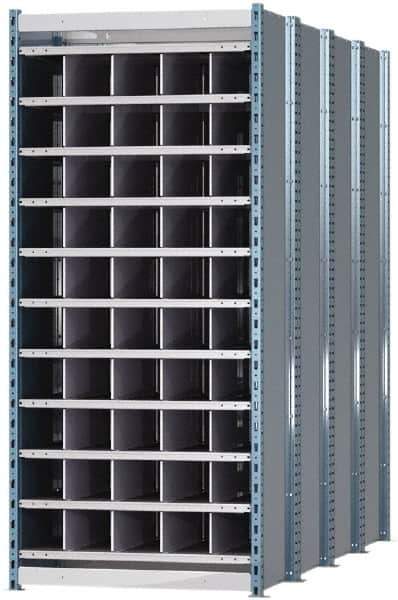 Hallowell - 50 Bin Heavy-Duty Deep Bin Industrial Shelving - 36 Inch Overall Width x 96 Inch Overall Depth x 87 Inch Overall Height, Blue and Platinum Steel Bins - USA Tool & Supply