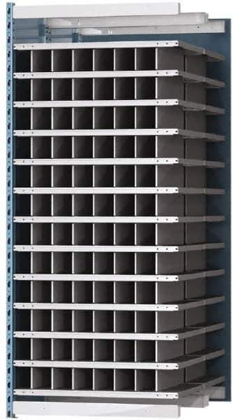 Hallowell - 96 Bin Heavy-Duty Deep Bin Industrial Shelving - 36 Inch Overall Width x 48 Inch Overall Depth x 87 Inch Overall Height, Blue and Platinum Steel Bins - USA Tool & Supply