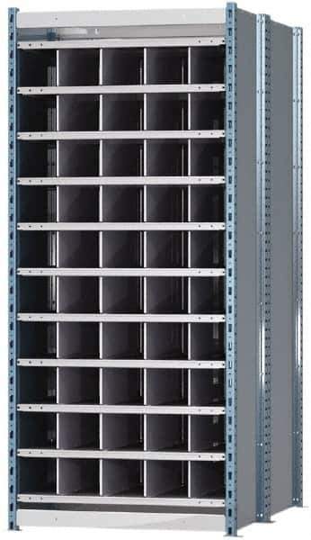 Hallowell - 50 Bin Heavy-Duty Deep Bin Industrial Shelving - 36 Inch Overall Width x 48 Inch Overall Depth x 87 Inch Overall Height, Blue and Platinum Steel Bins - USA Tool & Supply