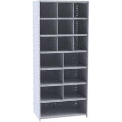 Hallowell - 16 Bin Closed Industrial Bin Shelving - 36 Inch Overall Width x 12 Inch Overall Depth x 87 Inch Overall Height, Gray Metal Bins - USA Tool & Supply