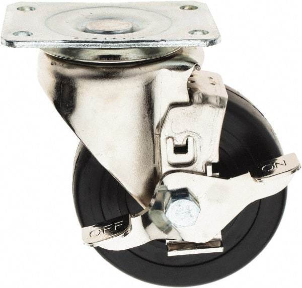 E.R. Wagner - 4" Diam x 1-1/4" Wide x 5-1/8" OAH Top Plate Mount Swivel Caster with Brake - Soft Rubber, 165 Lb Capacity, Delrin Bearing, 2-3/4 x 3-3/4" Plate - USA Tool & Supply