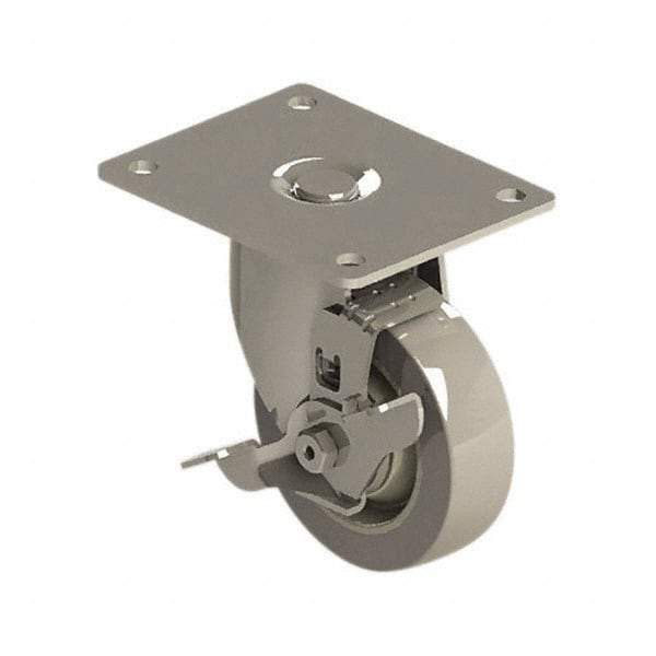E.R. Wagner - 4" Diam x 1-1/4" Wide x 5-1/8" OAH Top Plate Mount Swivel Caster with Brake - TPR, 275 Lb Capacity, Precision Ball Bearing, 4 x 5" Plate - USA Tool & Supply