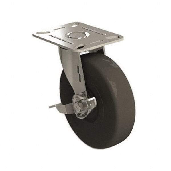 E.R. Wagner - 5" Diam x 1-1/4" Wide x 5-5/8" OAH Top Plate Mount Swivel Caster with Brake - Soft Rubber, 190 Lb Capacity, 3-1/8 x 4-1/8" Plate - USA Tool & Supply