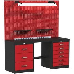 Hallowell - 60 Wide x 24" Deep x 78" High, Steel Workbench - Flat Top, Black/Red - USA Tool & Supply