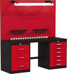 Hallowell - 72 Wide x 24" Deep x 78" High, Steel Workbench - Flat Top, Black/Red - USA Tool & Supply
