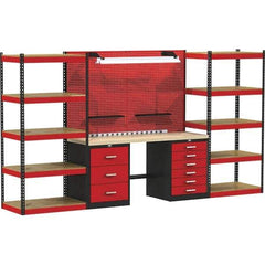 Hallowell - 132 Wide x 24" Deep x 78" High, Wood Workbench - Flat Top, Black/Red - USA Tool & Supply