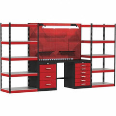 Hallowell - 132 Wide x 24" Deep x 78" High, Steel Workbench - Flat Top, Black/Red - USA Tool & Supply