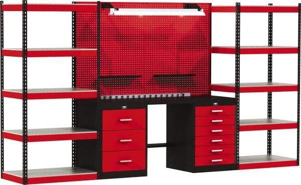 Hallowell - 168 Wide x 24" Deep x 78" High, Steel Workbench - Flat Top, Black/Red - USA Tool & Supply