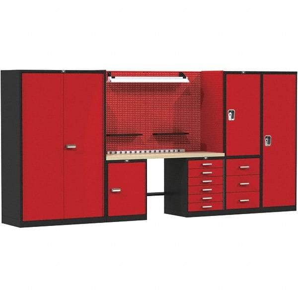 Hallowell - 132 Wide x 24" Deep x 78" High, Wood Workbench - Flat Top, Black/Red - USA Tool & Supply