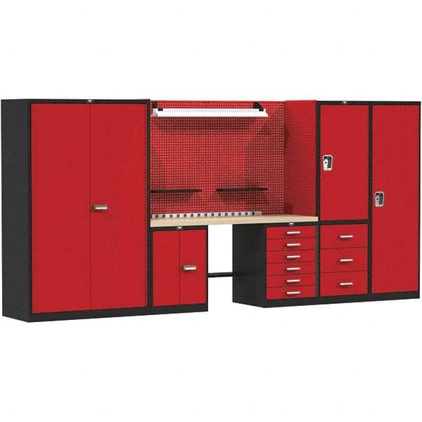 Hallowell - 168 Wide x 24" Deep x 78" High, Wood Workbench - Flat Top, Black/Red - USA Tool & Supply