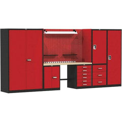 Hallowell - 168 Wide x 24" Deep x 78" High, Wood Workbench - Flat Top, Black/Red - USA Tool & Supply