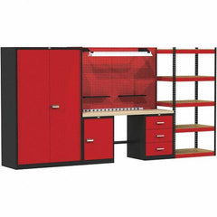 Hallowell - 132 Wide x 24" Deep x 78" High, Wood Workbench - Flat Top, Black/Red - USA Tool & Supply