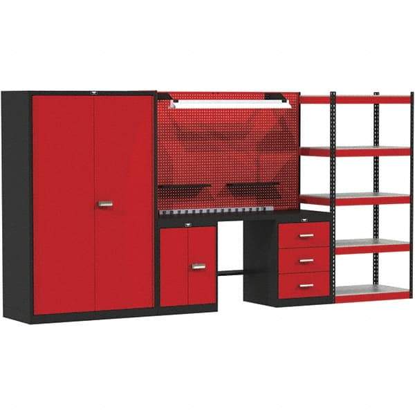 Hallowell - 168 Wide x 24" Deep x 78" High, Steel Workbench - Flat Top, Black/Red - USA Tool & Supply