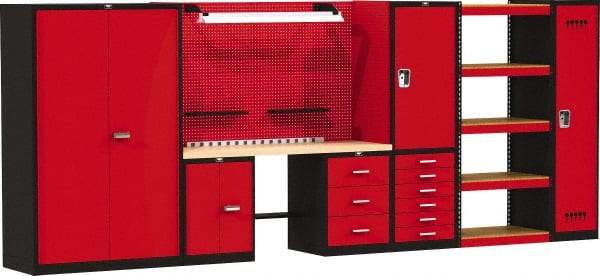 Hallowell - 210 Wide x 24" Deep x 78" High, Wood Workbench - Flat Top, Black/Red - USA Tool & Supply