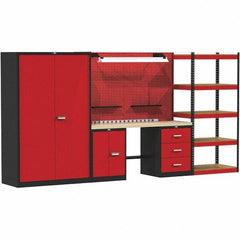 Hallowell - 168 Wide x 24" Deep x 78" High, Wood Workbench - Flat Top, Black/Red - USA Tool & Supply