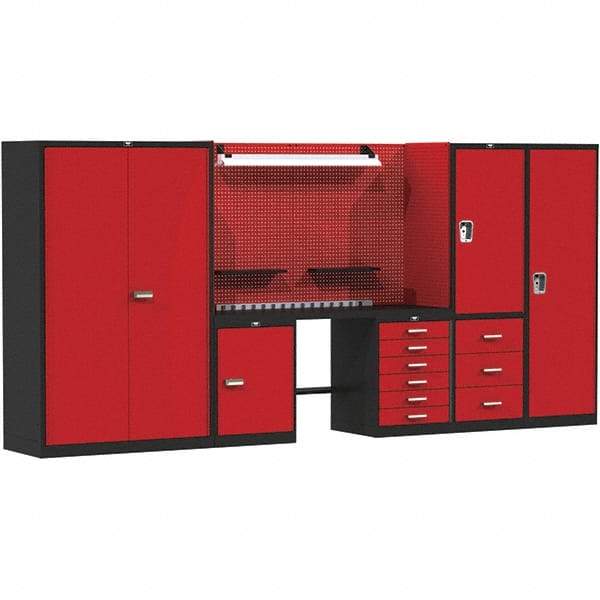 Hallowell - 132 Wide x 24" Deep x 78" High, Steel Workbench - Flat Top, Black/Red - USA Tool & Supply