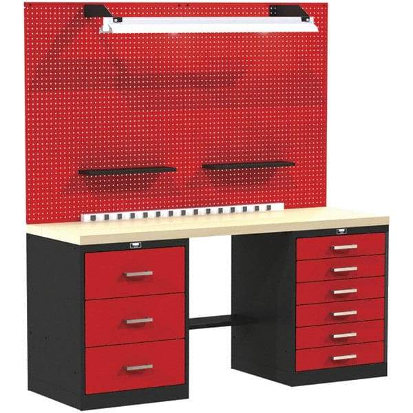 Hallowell - 60 Wide x 24" Deep x 78" High, Wood Workbench - Flat Top, Black/Red - USA Tool & Supply