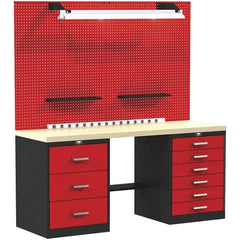 Hallowell - 60 Wide x 24" Deep x 78" High, Wood Workbench - Flat Top, Black/Red - USA Tool & Supply
