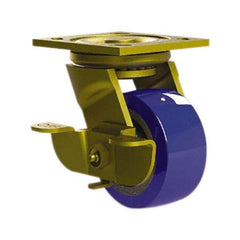 E.R. Wagner - 4" Diam x 2" Wide x 5-5/8" OAH Top Plate Mount Swivel Caster with Brake - Mold on Polyurethane, 750 Lb Capacity, Roller Bearing, 4 x 4-1/2" Plate - USA Tool & Supply