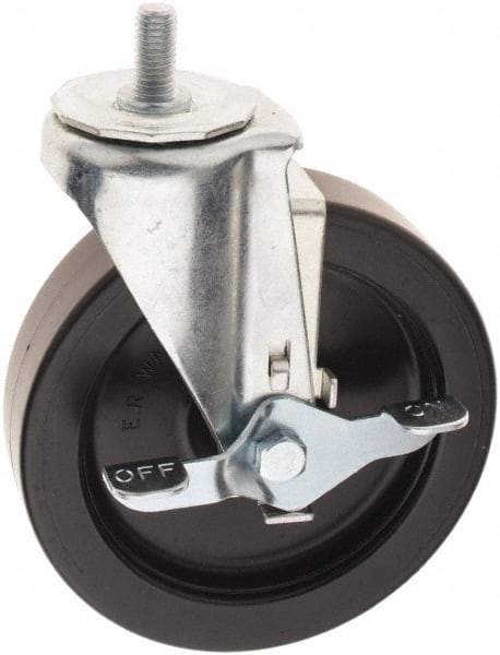 E.R. Wagner - 6" Diam x 1-1/2" Wide x 7-1/4" OAH Stem Mount Swivel Caster with Brake - Polyolefin, 450 Lb Capacity, Plastic Bearing, 1/2-13 x 1" Threaded Stem - USA Tool & Supply