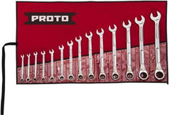 Proto - 14 Piece, 6mm to 19mm, Ratcheting Combination Wrench Set - Metric Measurement Standard, Full Polish Finish, Comes in Pouch - USA Tool & Supply