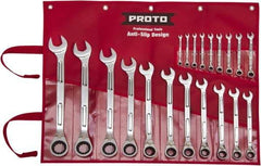 Proto - 20 Piece, 6mm to 32mm, Ratcheting Combination Wrench Set - Metric Measurement Standard, Full Polish Finish, Comes in Pouch - USA Tool & Supply